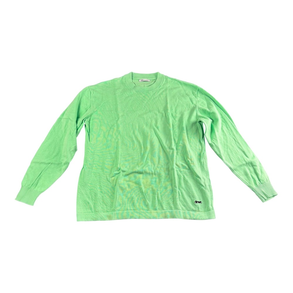 Zara DNWR Mens Lime Green Crewneck Fine Knit Sweater Large Long Sleeve Logo 249